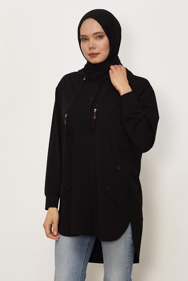 Hijab clothing BLACK HOODED TRACKSUIT TUNIC 46448 - ALVİNA