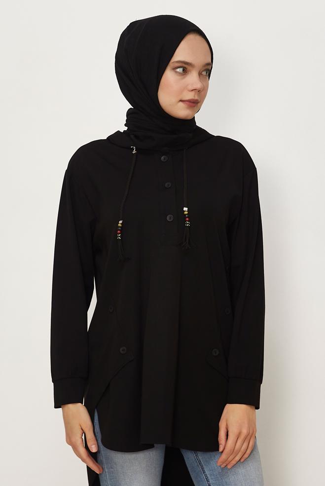 Hijab clothing BLACK HOODED TRACKSUIT TUNIC 46448 - ALVİNA