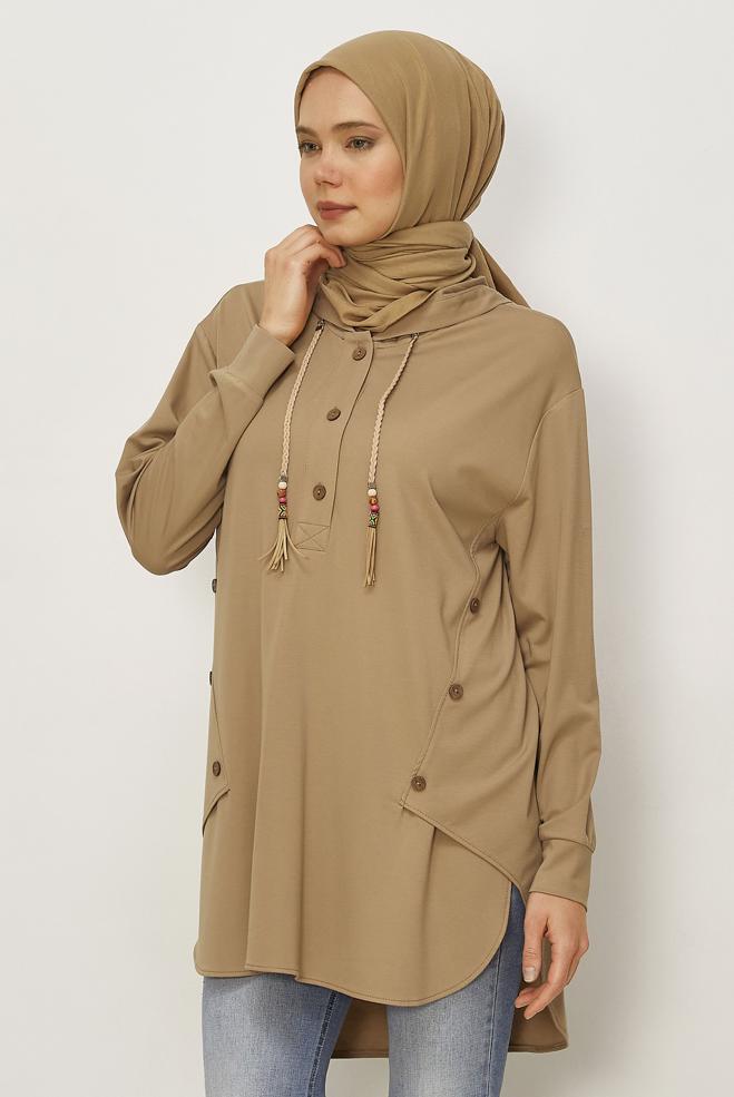 Hijab clothing BEIGE HOODED TRACKSUIT TUNIC 46448 - ALVİNA