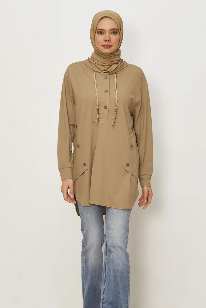 Hijab clothing BEIGE HOODED TRACKSUIT TUNIC 46448 - ALVİNA