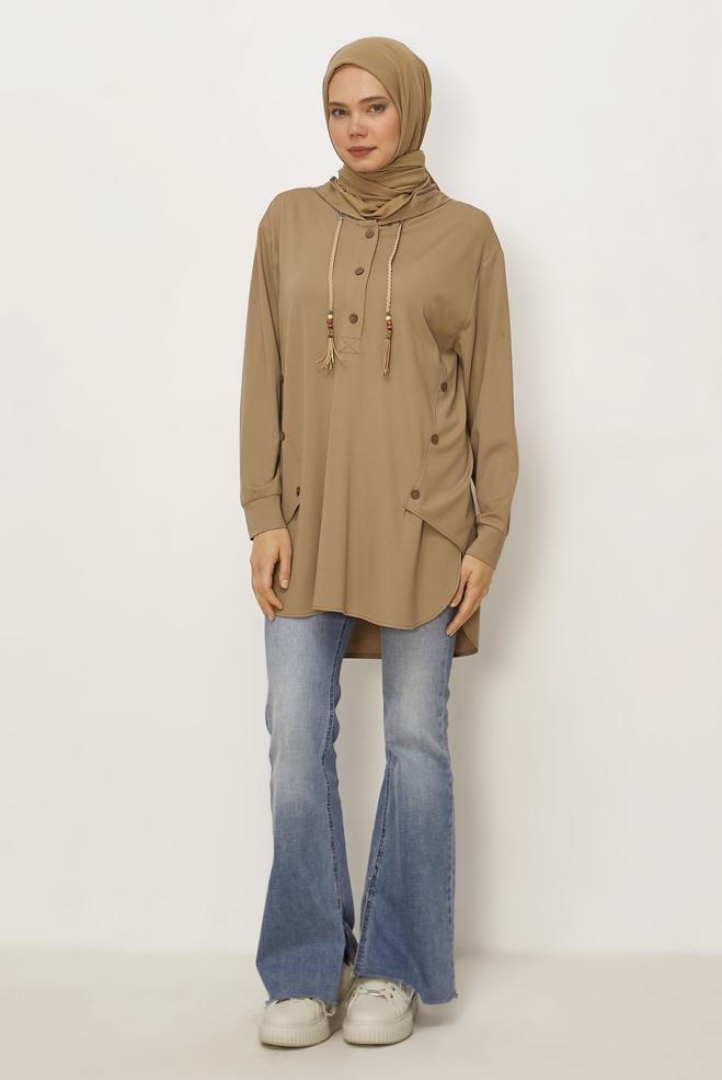 Hijab clothing BEIGE HOODED TRACKSUIT TUNIC 46448 - ALVİNA