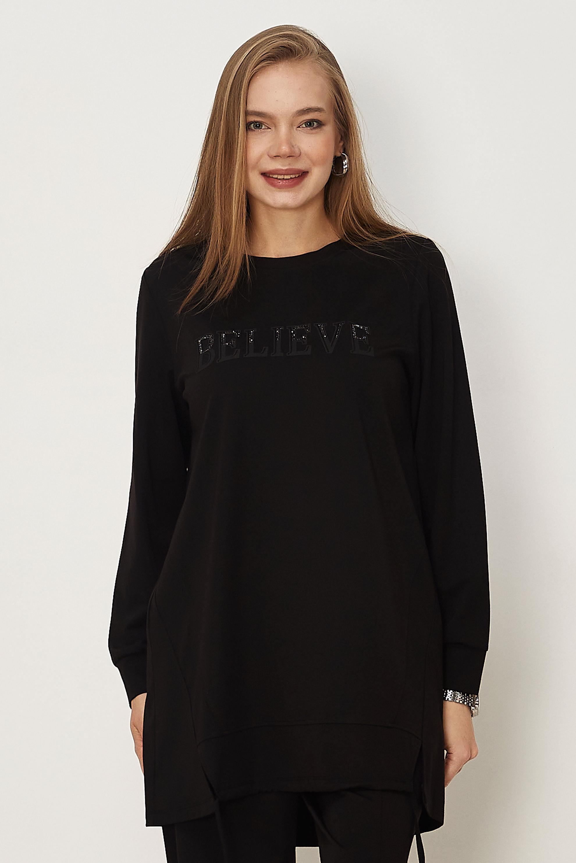 Hijab-Kleidung SCHWARZ TRAININGSANZUG-SET MIT EDELSTEIN DETAILS 46468