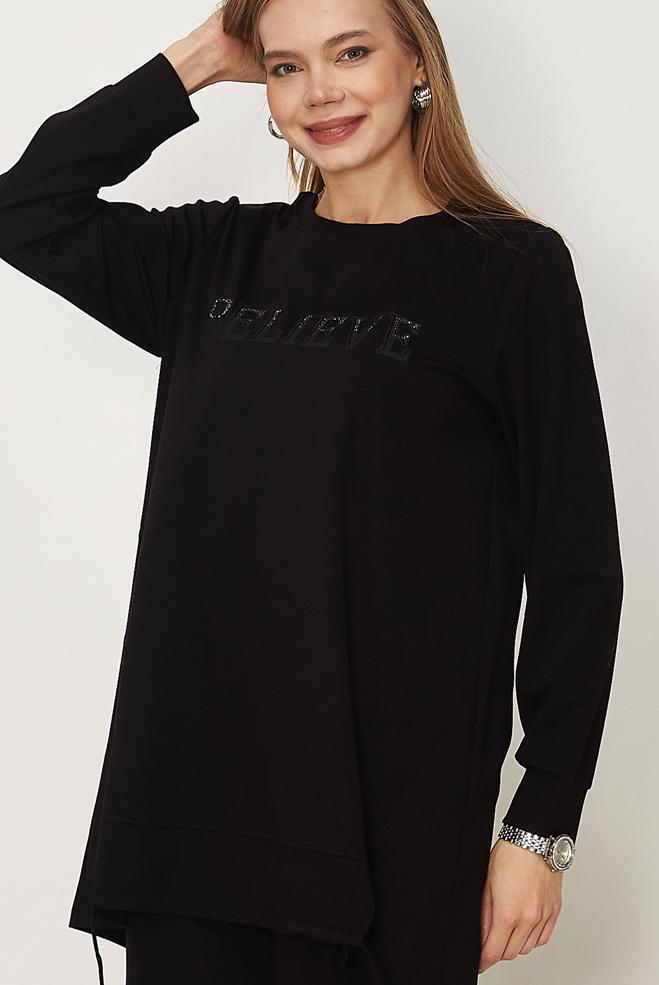 Hijab-Kleidung SCHWARZ TRAININGSANZUG-SET MIT EDELSTEIN DETAILS 46468 - ALVİNA