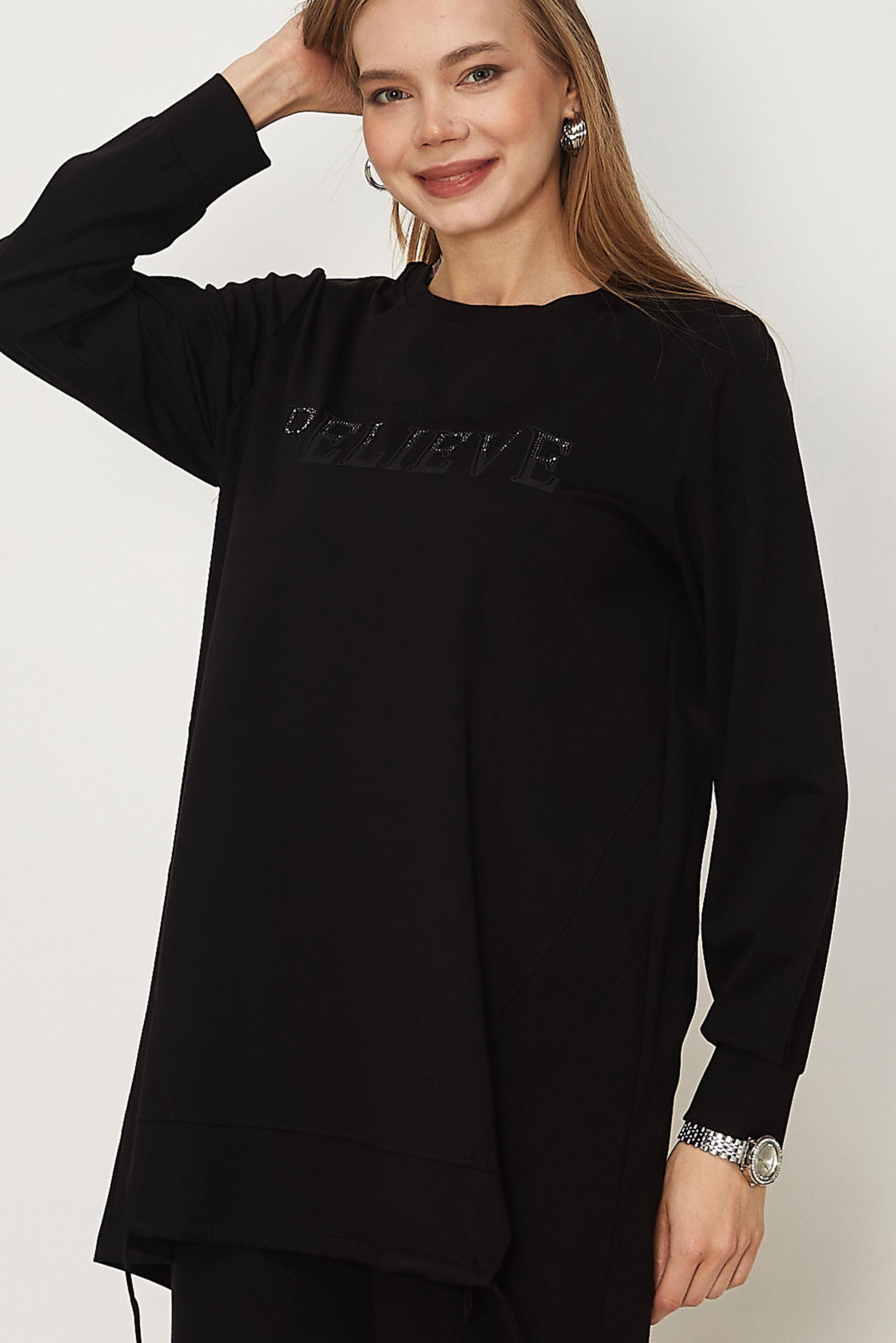 Hijab-Kleidung SCHWARZ TRAININGSANZUG-SET MIT EDELSTEIN DETAILS 46468