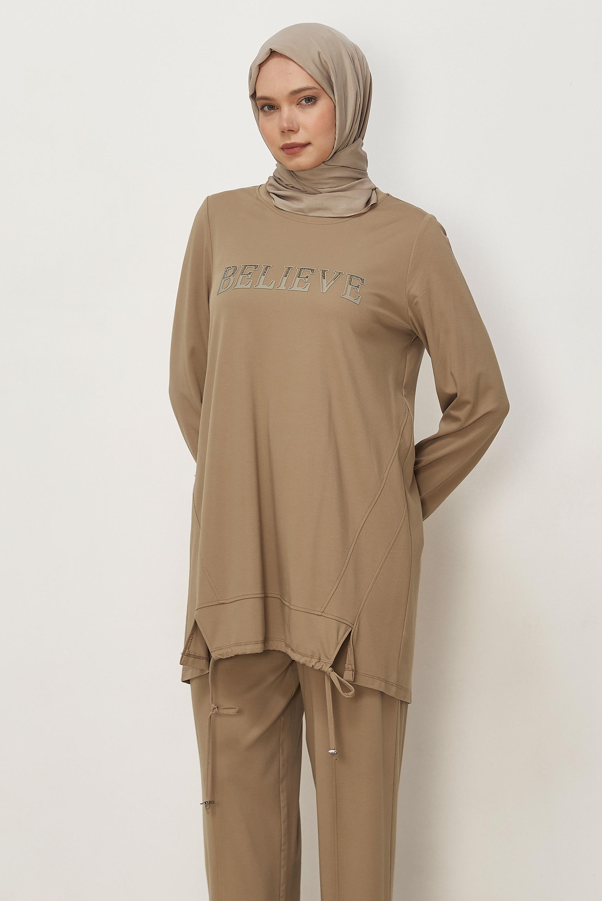 Tesettür giyim KAHVE TAŞ BASKILI EŞOFMAN TAKIMI 46468