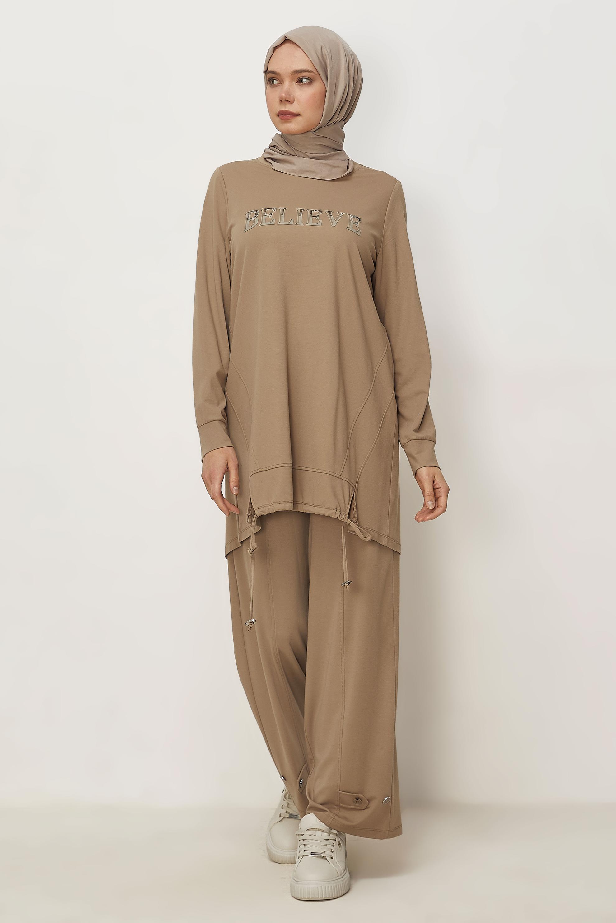 Tesettür giyim KAHVE TAŞ BASKILI EŞOFMAN TAKIMI 46468