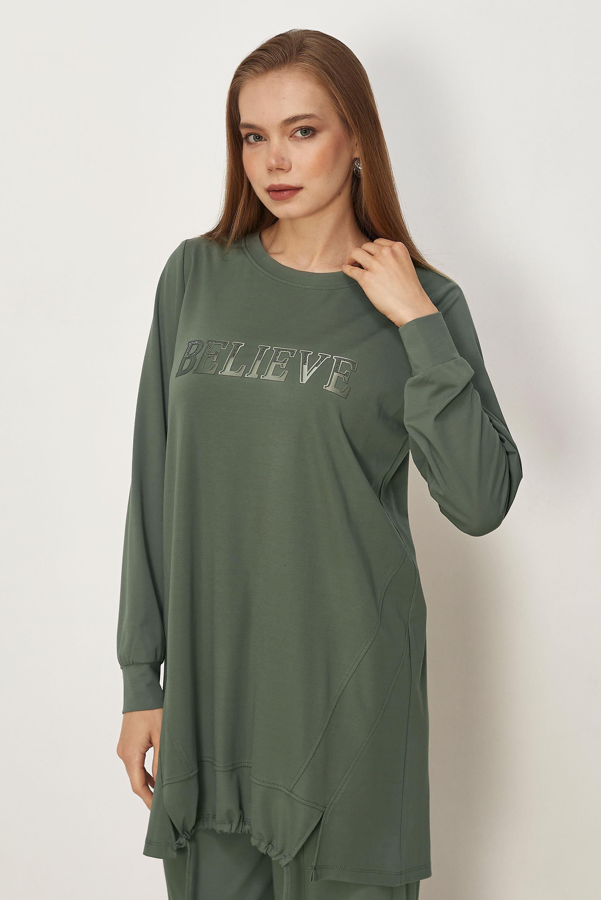 Hijab-Kleidung KHAKI TRAININGSANZUG-SET MIT EDELSTEIN DETAILS 46468