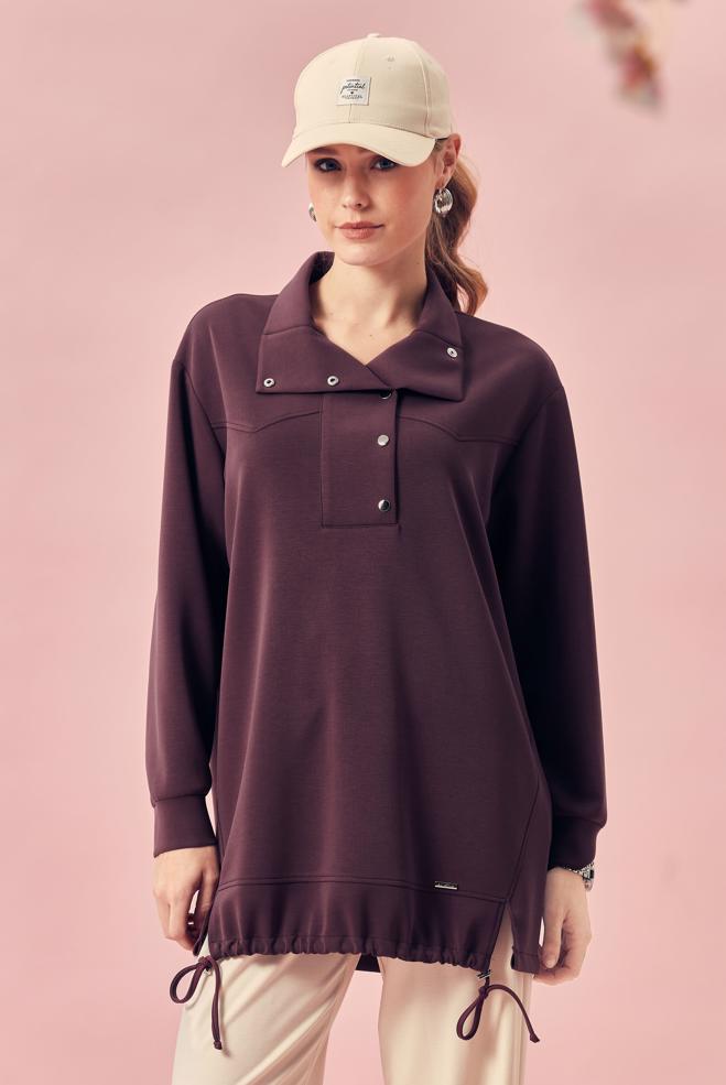 Hijab-Kleidung BURGUND GESMOKTE TRAININGSANZUG-TUNIKA 46470 - ALVİNA