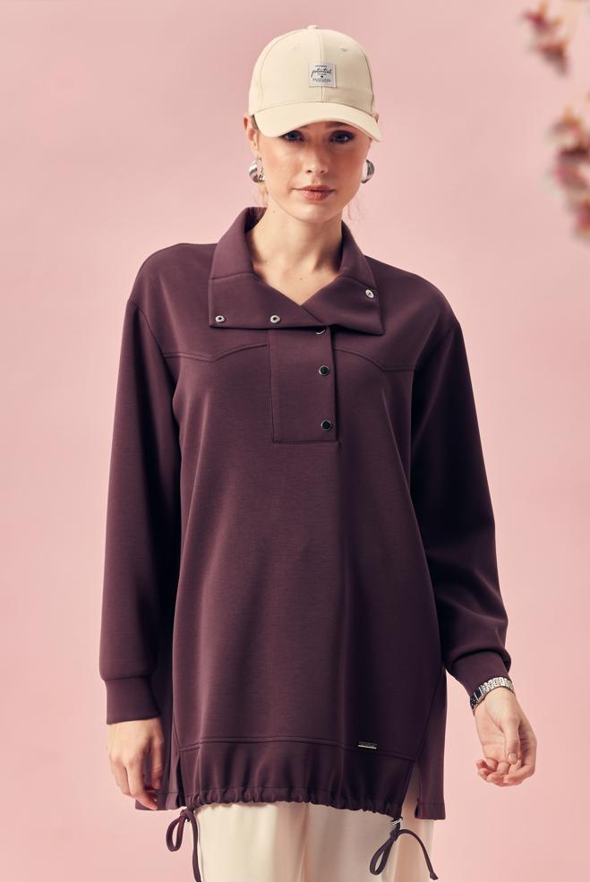 Hijab-Kleidung BURGUND GESMOKTE TRAININGSANZUG-TUNIKA 46470 - ALVİNA