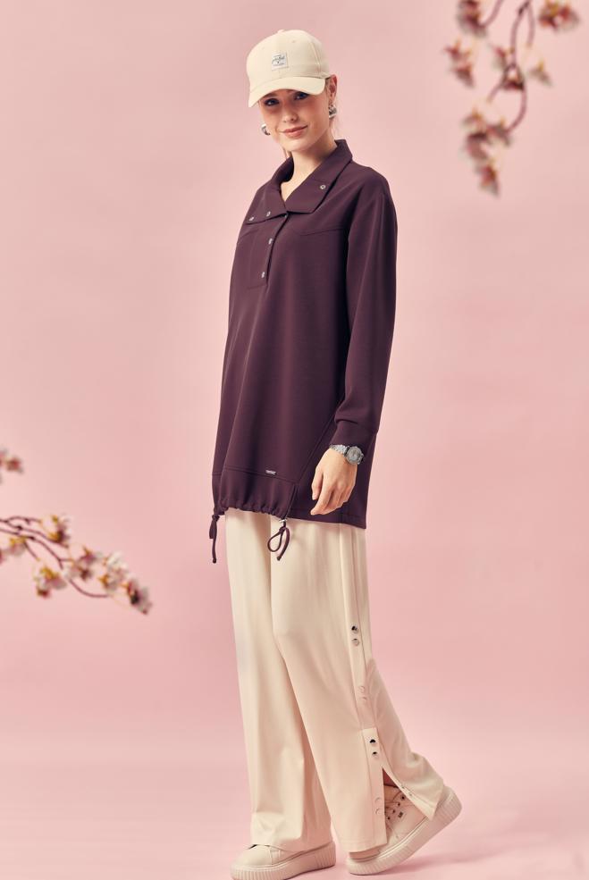 Hijab-Kleidung BURGUND GESMOKTE TRAININGSANZUG-TUNIKA 46470 - ALVİNA