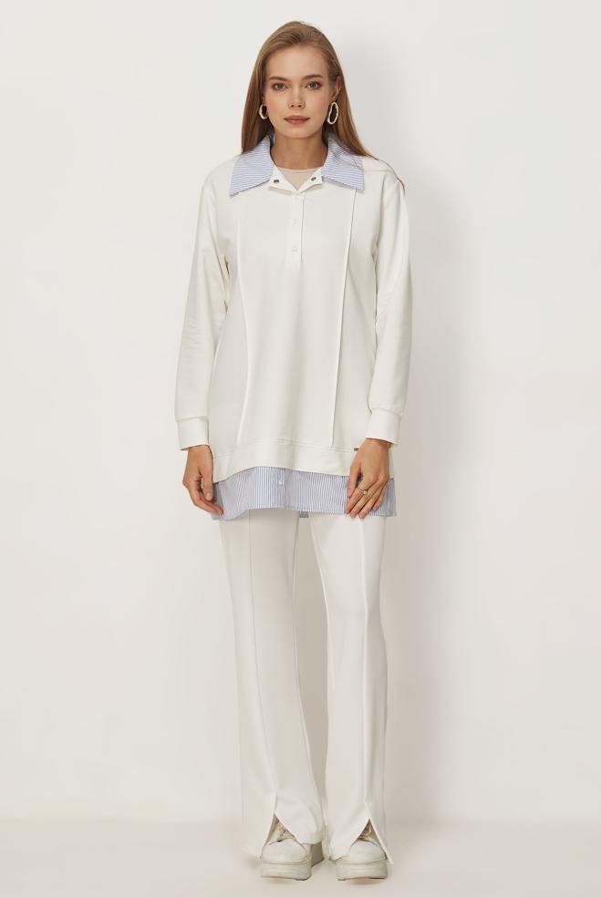 Vêtements hijab BLANC TUNIQUE DE SURVÊTEMENT COL CHEMISE 46471 - ALVİNA