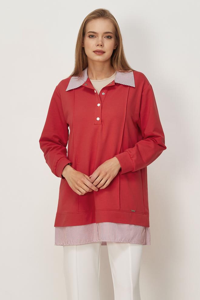 Vêtements hijab BEIGE TUNIQUE DE SURVÊTEMENT COL CHEMISE 46471 - ALVİNA