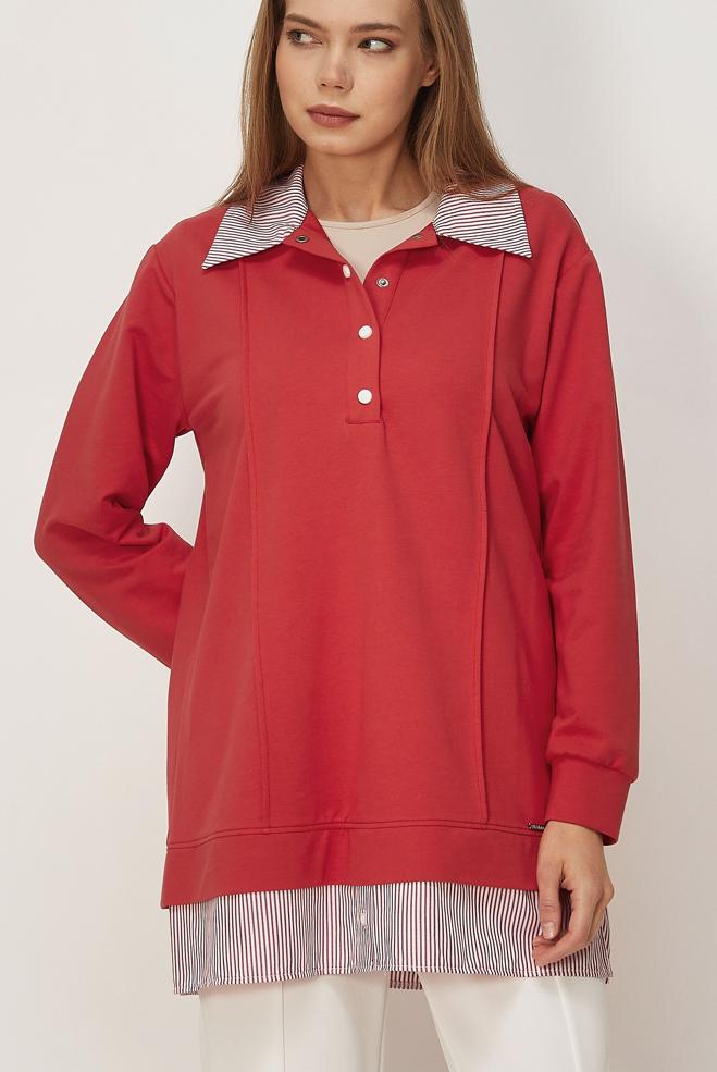 Vêtements hijab BEIGE TUNIQUE DE SURVÊTEMENT COL CHEMISE 46471 - ALVİNA