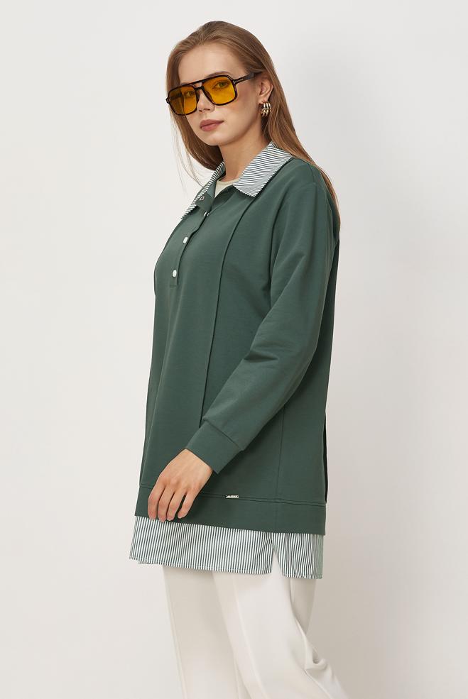 Vêtements hijab VERT TUNIQUE DE SURVÊTEMENT COL CHEMISE 46471 - ALVİNA
