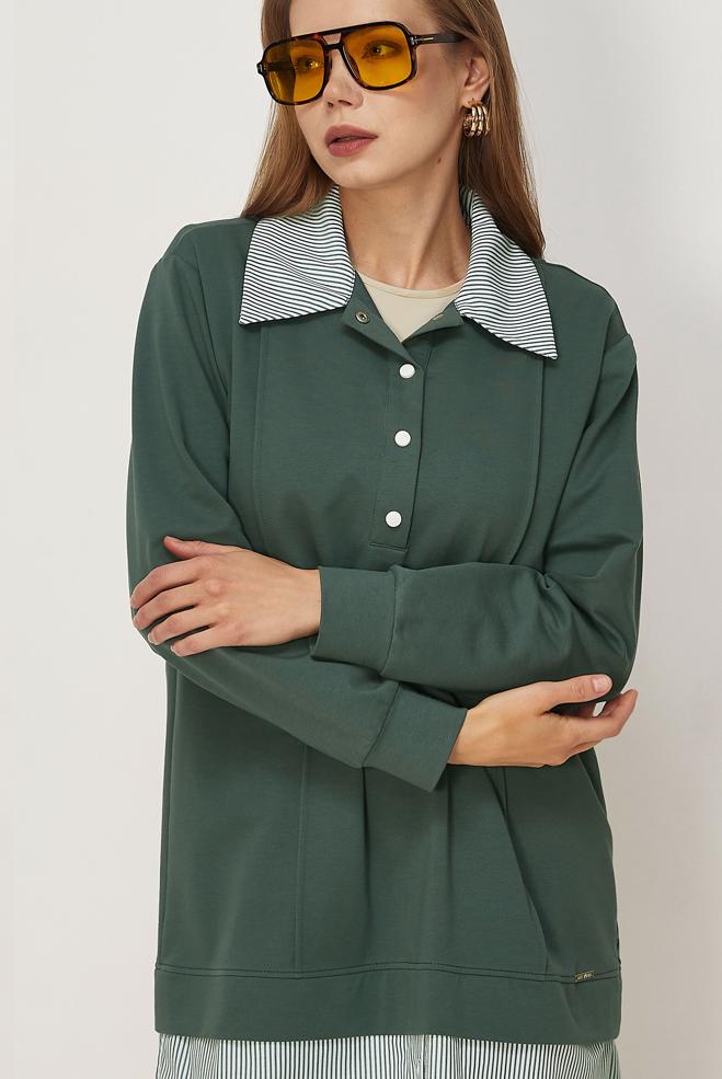 Vêtements hijab VERT TUNIQUE DE SURVÊTEMENT COL CHEMISE 46471 - ALVİNA