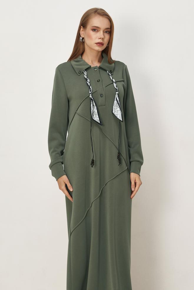 Vêtements hijab KAKI ROBE DE SURVÊTEMENT AVEC DÉTAIL FOULARD 46476 - ALVİNA