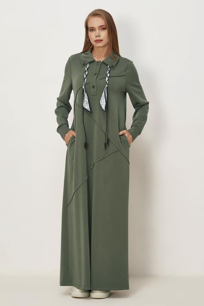 Vêtements hijab KAKI ROBE DE SURVÊTEMENT AVEC DÉTAIL FOULARD 46476 - ALVİNA