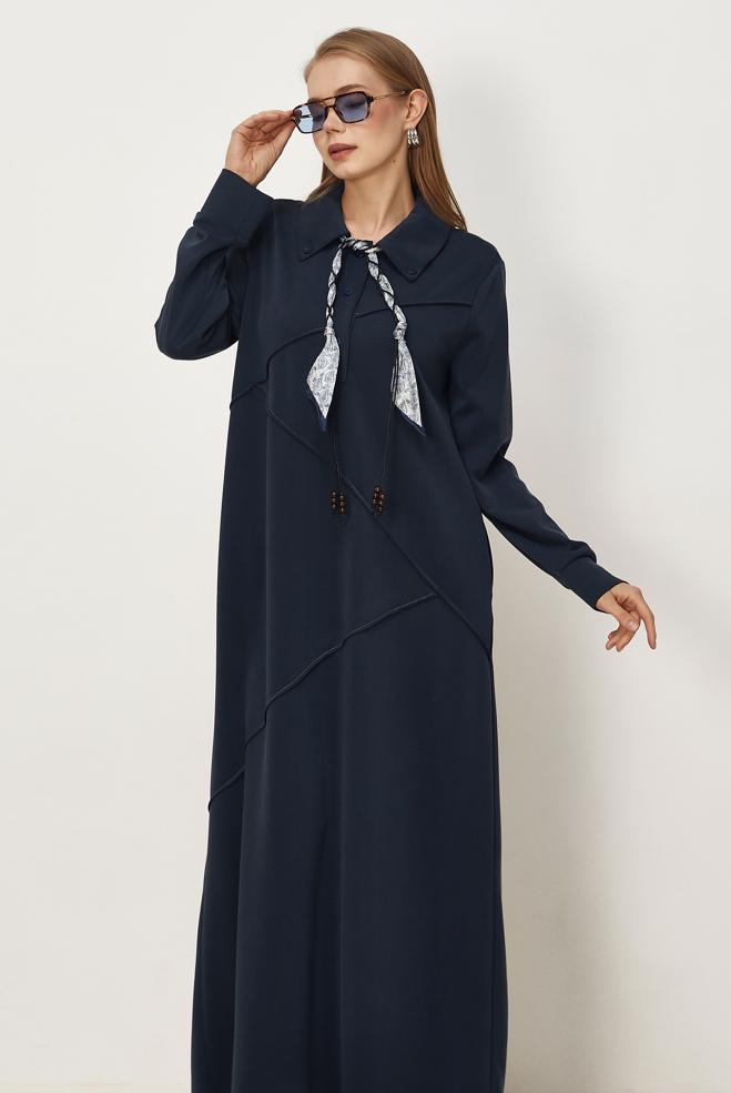 Vêtements hijab BLEU MARINE ROBE DE SURVÊTEMENT AVEC DÉTAIL FOULARD 46476 - ALVİNA