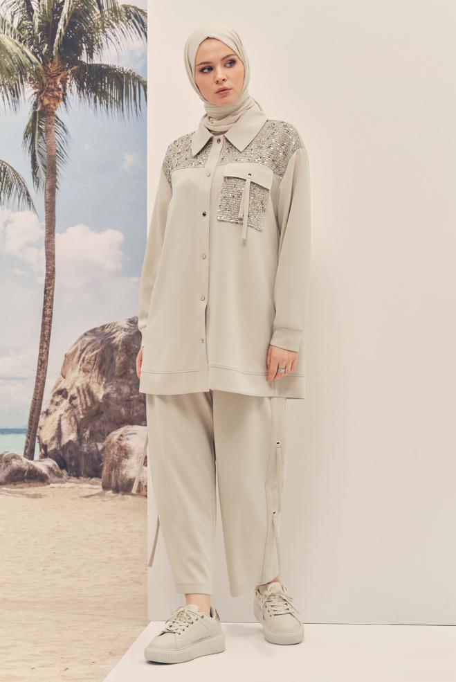 Hijab-Kleidung BEIGE HEMDKRAGEN-TRAININGSANZUG-SET 46500 - ALVİNA