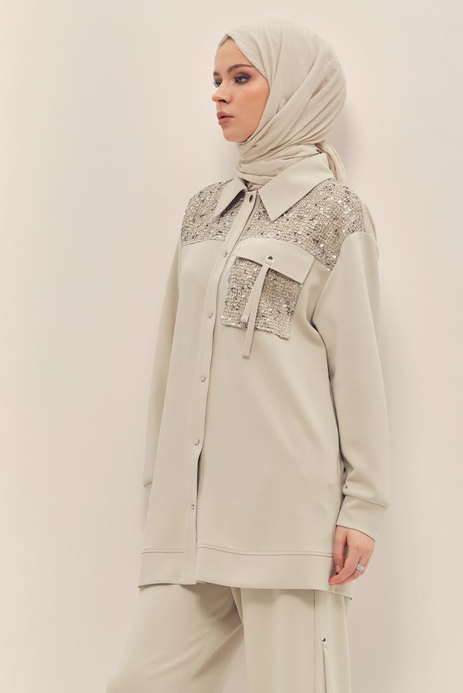 Hijab-Kleidung BEIGE HEMDKRAGEN-TRAININGSANZUG-SET 46500 - ALVİNA