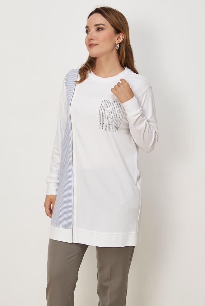 Vêtements hijab BLANC TUNIQUE DE SURVÊTEMENT DÉTAIL GEMME 46671 - ALVİNA