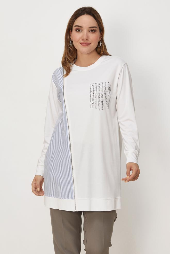 Vêtements hijab BLANC TUNIQUE DE SURVÊTEMENT DÉTAIL GEMME 46671 - ALVİNA