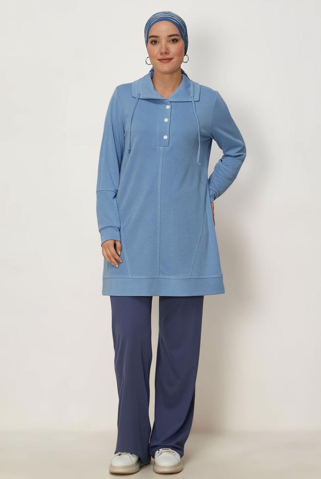 Vêtements hijab BLEU TUNIQUE DE SURVÊTEMENT COL CHEMISE 46713 - ALVİNA