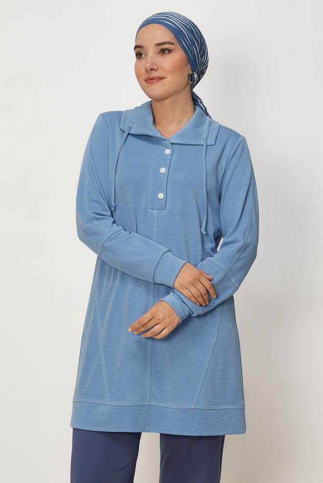 Vêtements hijab BLEU TUNIQUE DE SURVÊTEMENT COL CHEMISE 46713 - ALVİNA