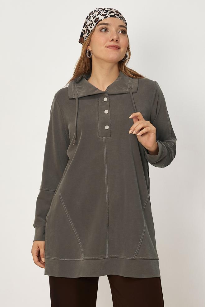 Vêtements hijab BRUN TUNIQUE DE SURVÊTEMENT COL CHEMISE 46713 - ALVİNA