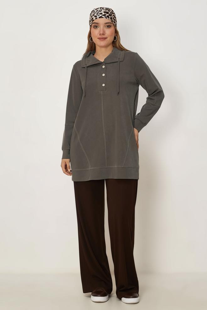 Vêtements hijab BRUN TUNIQUE DE SURVÊTEMENT COL CHEMISE 46713 - ALVİNA