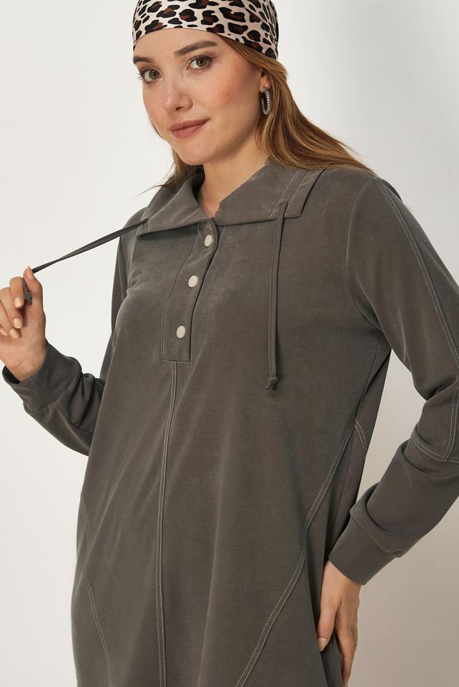 Vêtements hijab BRUN TUNIQUE DE SURVÊTEMENT COL CHEMISE 46713 - ALVİNA