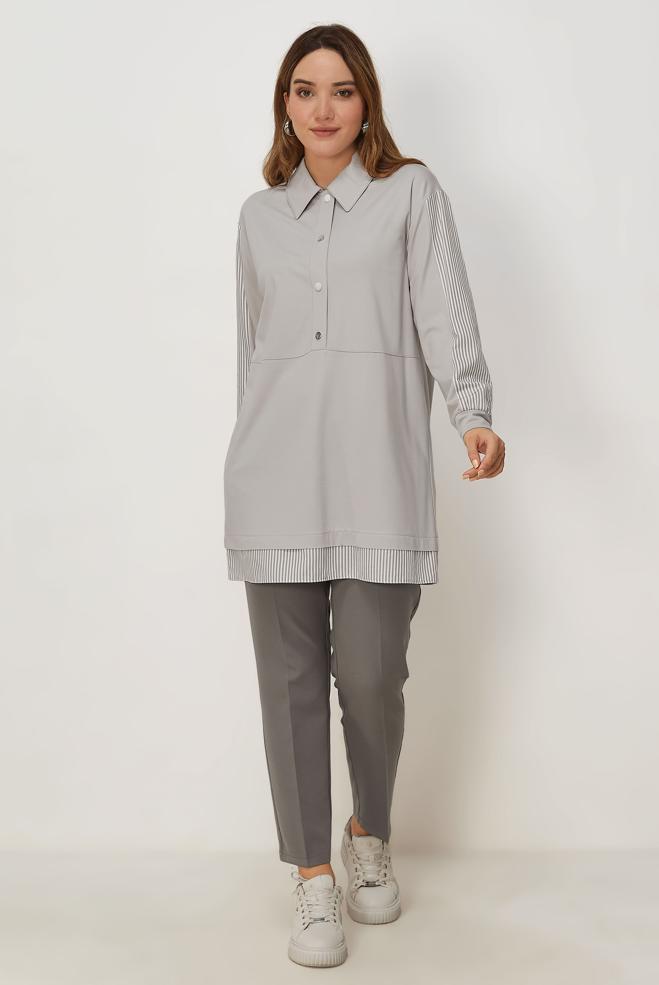 Vêtements hijab BEIGE TUNIQUE DE SURVÊTEMENT COL CHEMISE 46714 - ALVİNA