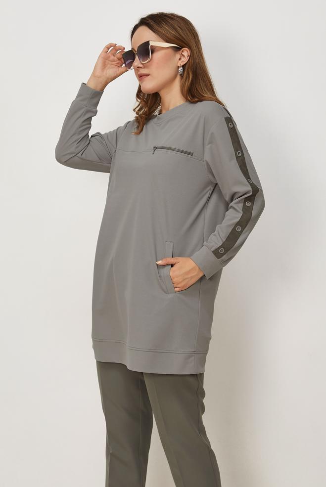 Vêtements hijab GRIS TUNIQUE DE SURVÊTEMENT DÉTAIL ŒILLET 46823 - ALVİNA