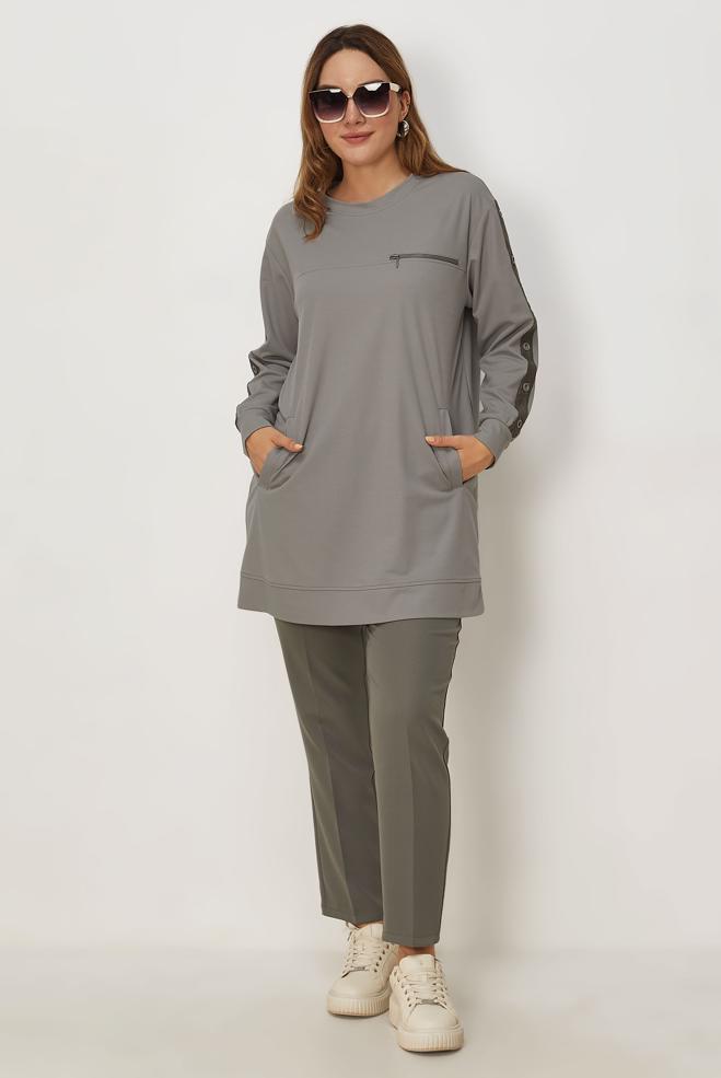 Vêtements hijab GRIS TUNIQUE DE SURVÊTEMENT DÉTAIL ŒILLET 46823 - ALVİNA