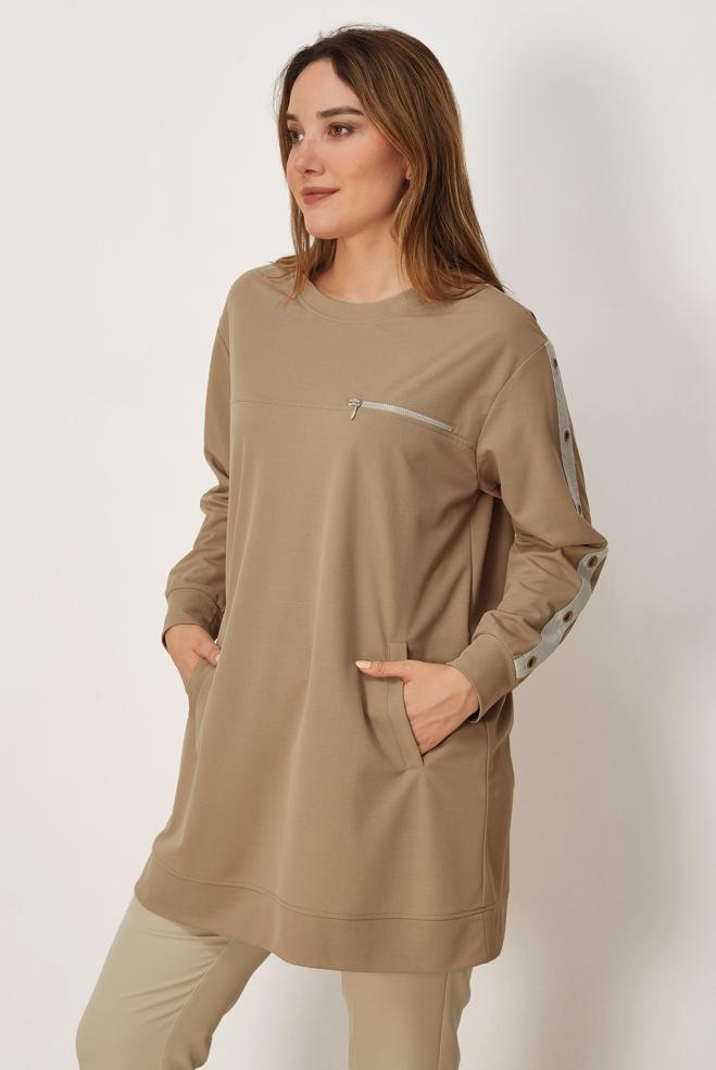 Vêtements hijab BRUN TUNIQUE DE SURVÊTEMENT DÉTAIL ŒILLET 46823 - ALVİNA