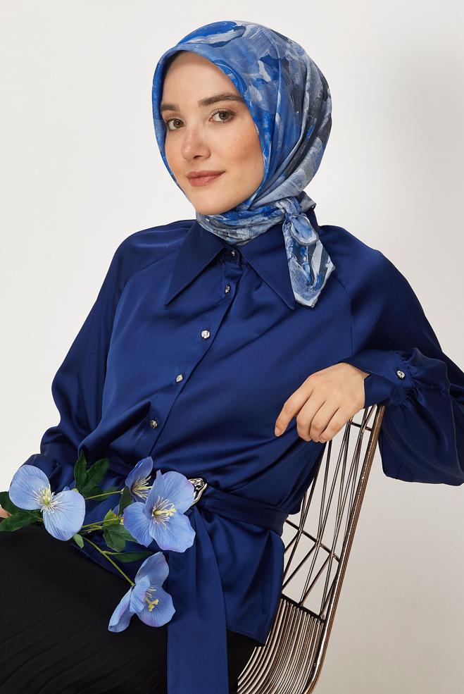 Hijab clothing NAVY BLUE ALVINA PATTERNED NATURAL SCARF 8633 - ALVİNA