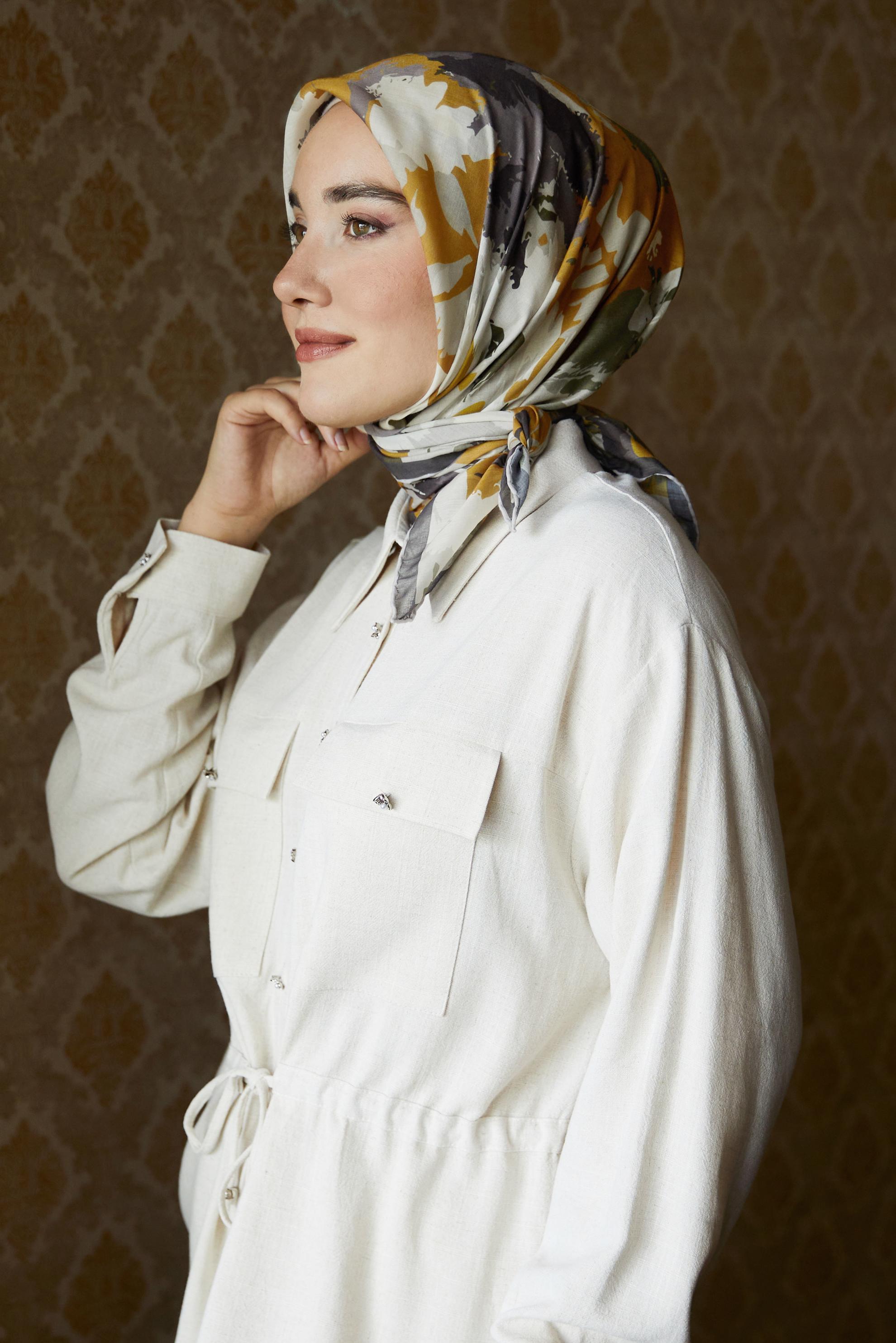 Tesettür giyim HAKİ ALVİNA DESENLİ NATURAL EŞARP 8634
