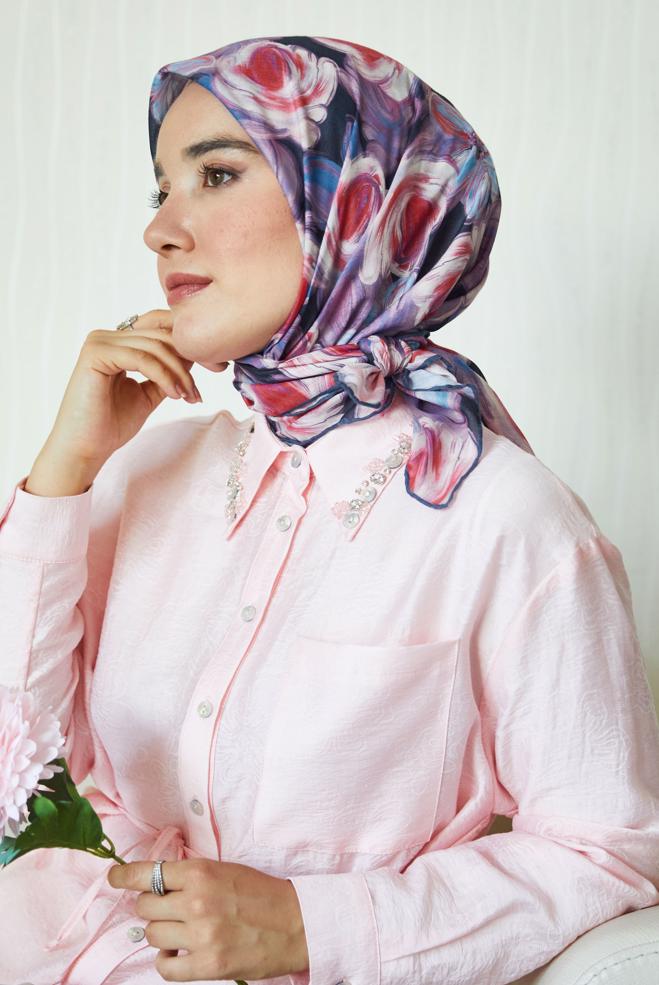 Hijab clothing NAVY BLUE ALVINA PATTERNED NATURAL SCARF 8636 - ALVİNA