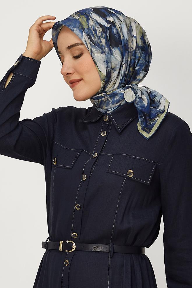 Vêtements hijab BLEU MARINE ALVINA ÉCHARPE NATURELLE À MOTIFS 8651 - ALVİNA