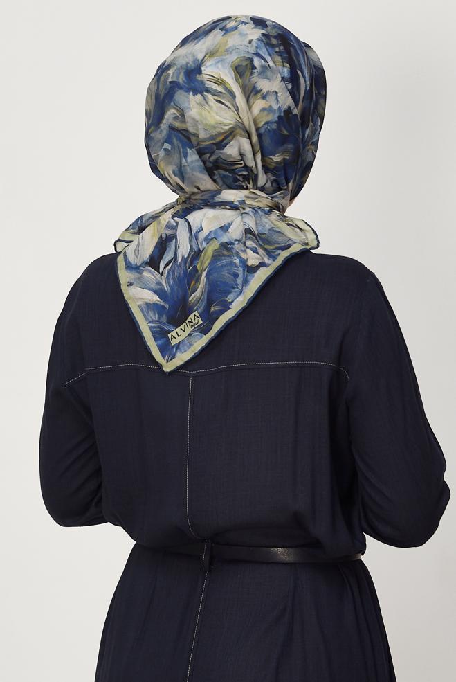 Vêtements hijab BLEU MARINE ALVINA ÉCHARPE NATURELLE À MOTIFS 8651 - ALVİNA