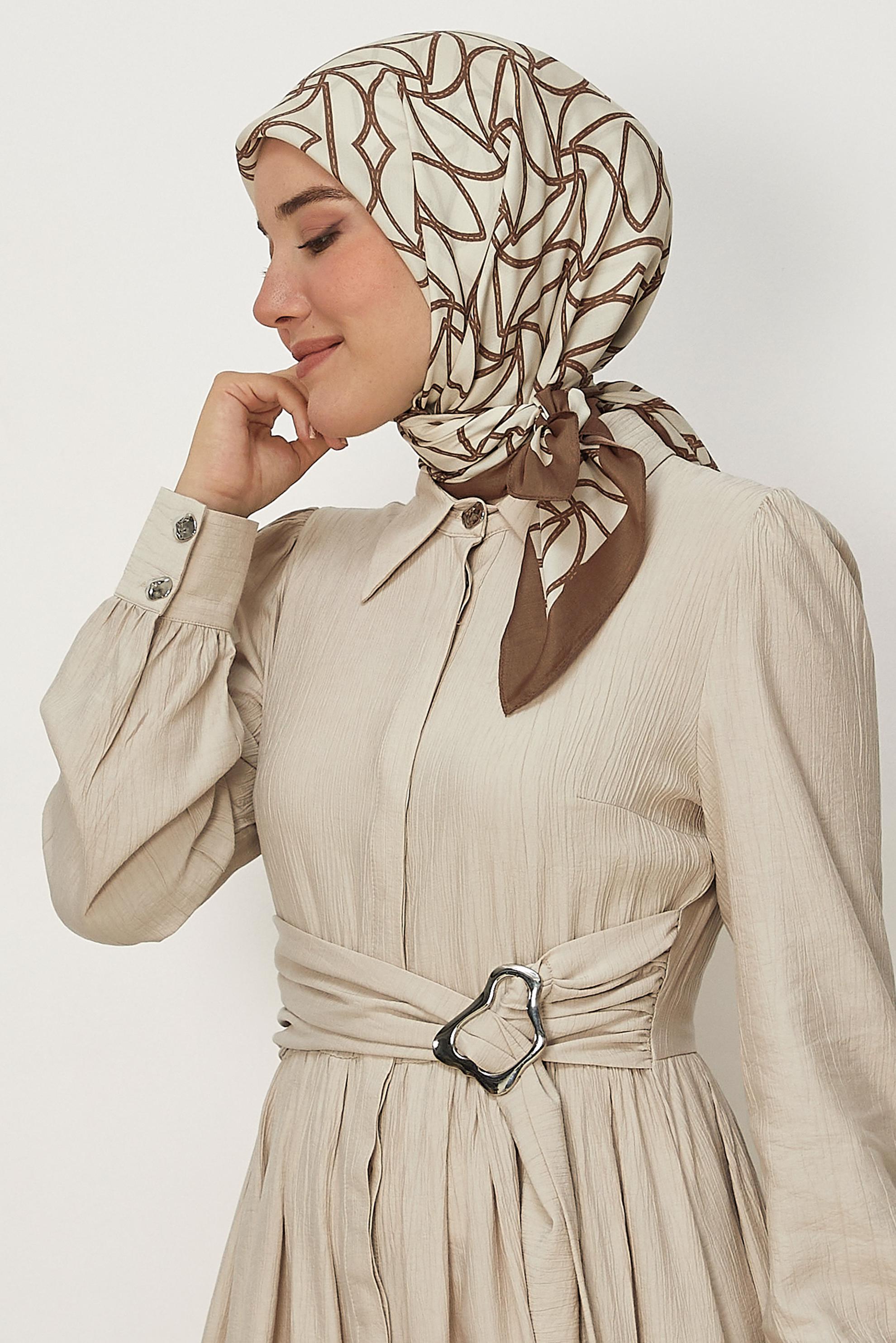 Tesettür giyim KAHVE ALVİNA DESENLİ FLOŞ EŞARP 8654