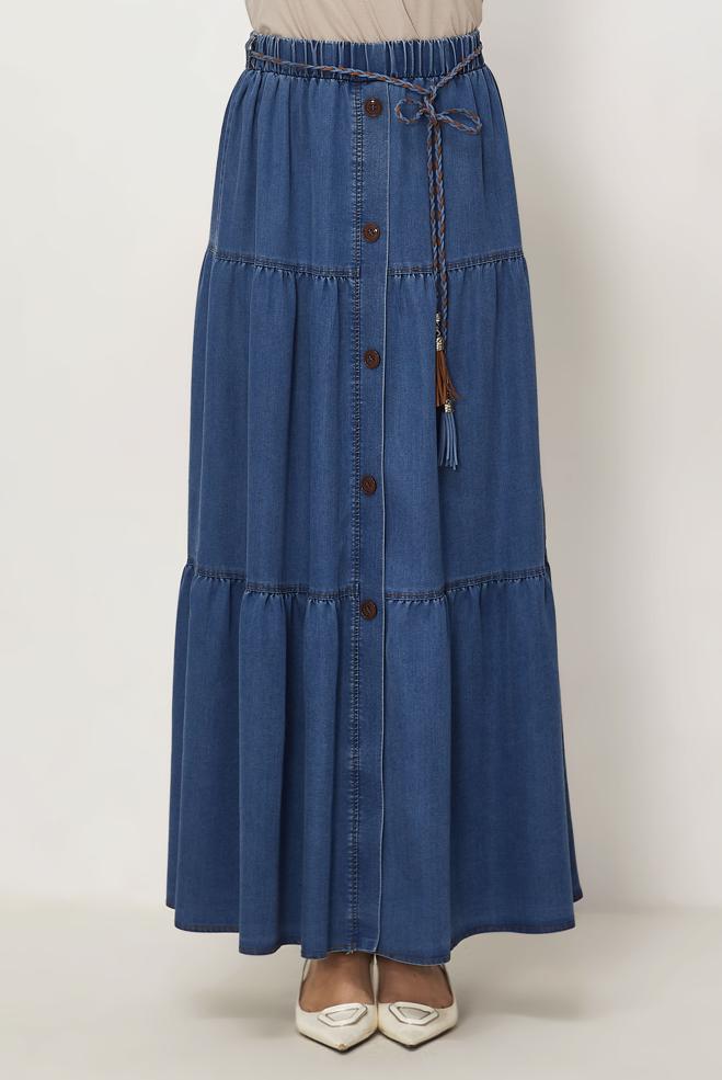 Hijab-Kleidung BLAU JEANSROCK MIT GÜRTEL 60673 - ALVİNA
