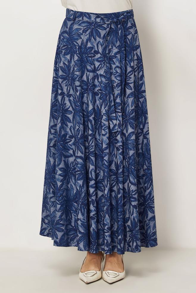 Tesettür giyim  KUŞAKLI TAŞ BASKILI ETEK 60751 - ALVİNA