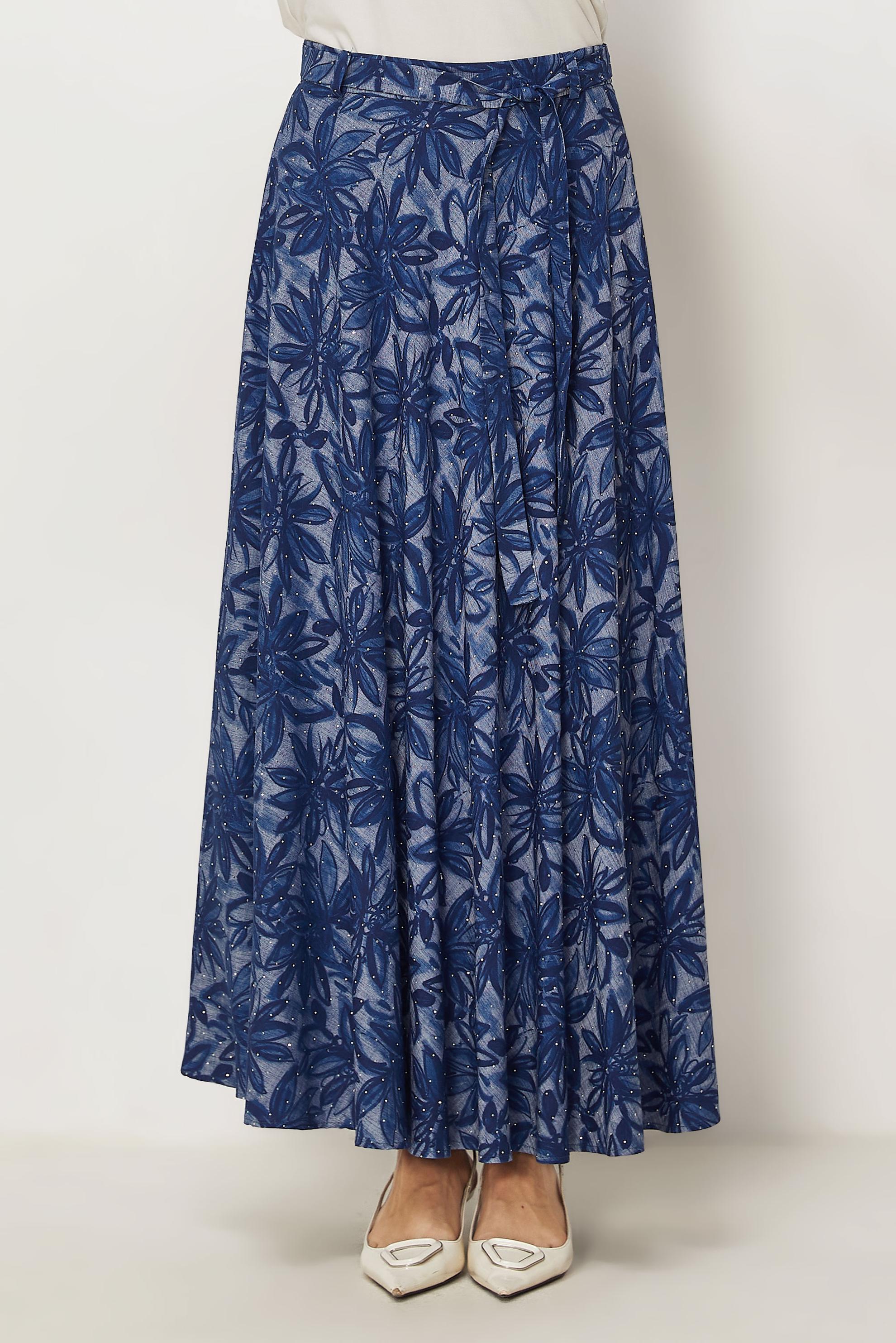 Tesettür giyim LACİVERT KUŞAKLI TAŞ BASKILI ETEK 60751