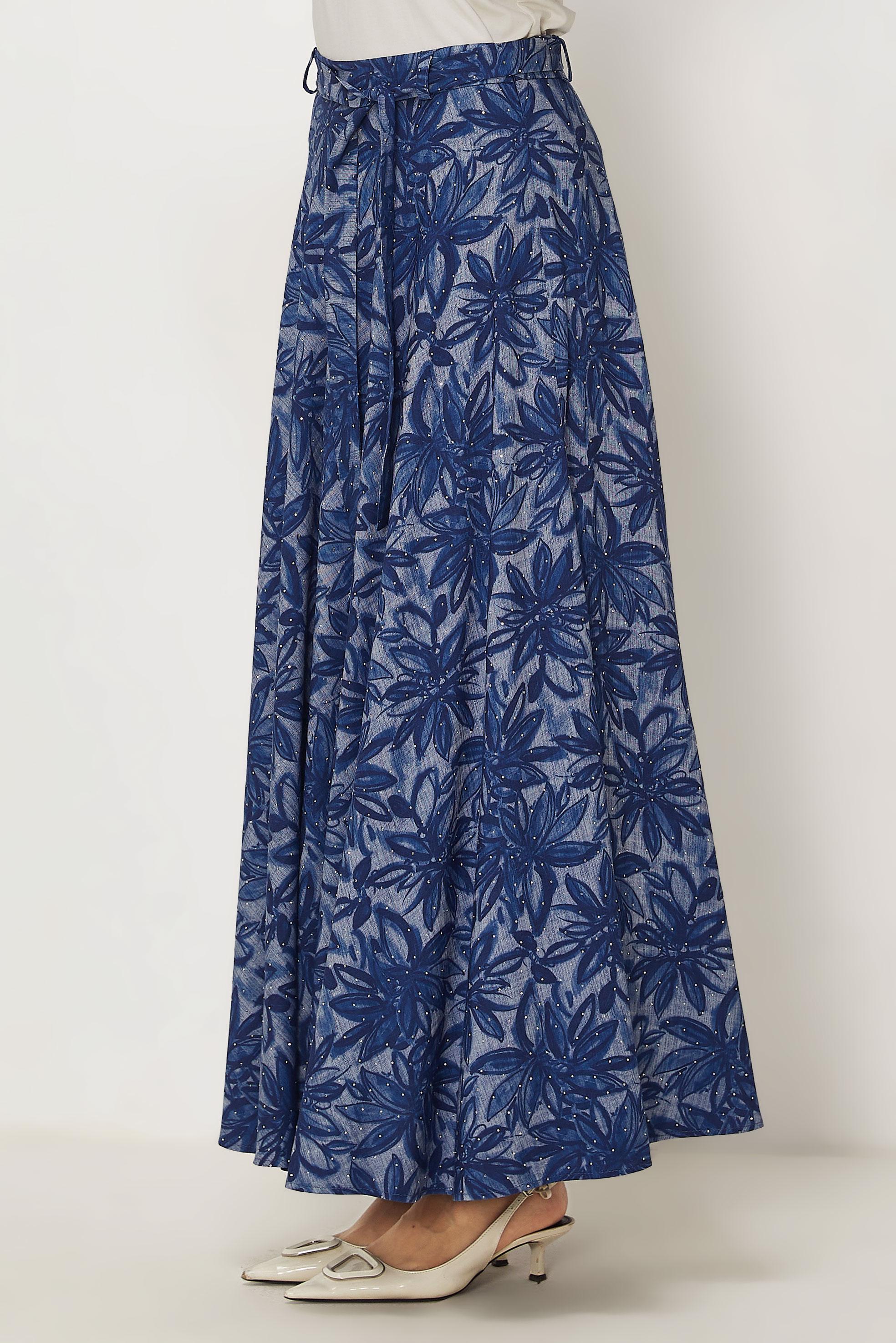 Tesettür giyim LACİVERT KUŞAKLI TAŞ BASKILI ETEK 60751