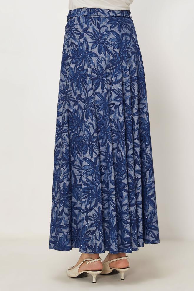 Hijab-Kleidung NAVY BLAU KLEID MIT GÜRTEL UND EDELSTEIN DETAILS 60751 - ALVİNA