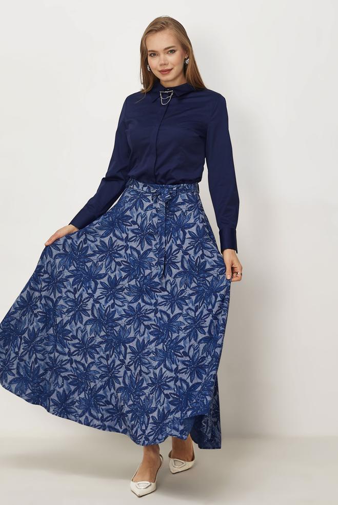 Hijab-Kleidung NAVY BLAU KLEID MIT GÜRTEL UND EDELSTEIN DETAILS 60751 - ALVİNA