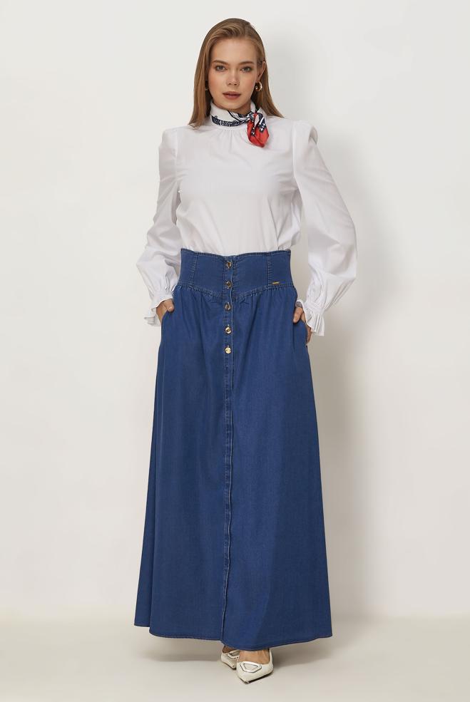 Vêtements hijab BLEU JUPE EN JEAN BOUTONNÉE 60753 - ALVİNA