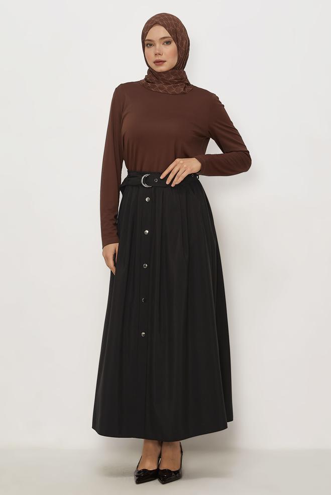 Hijab clothing BROWN BELTED PARACHUTE FABRIC SKIRT 60757 - ALVİNA