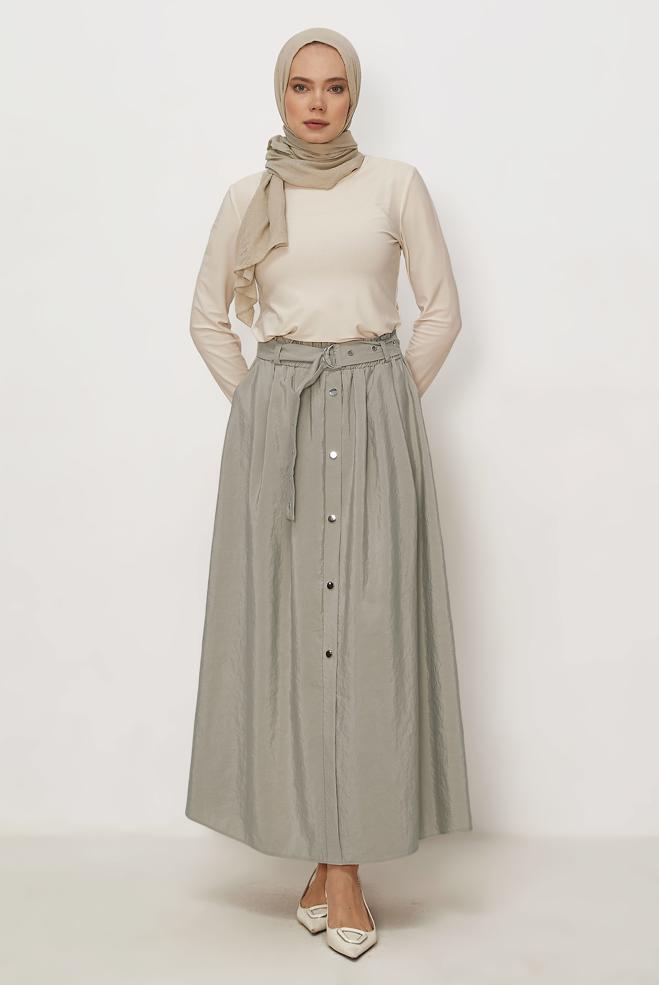 Hijab clothing BEIGE BELTED PARACHUTE FABRIC SKIRT 60757 - ALVİNA